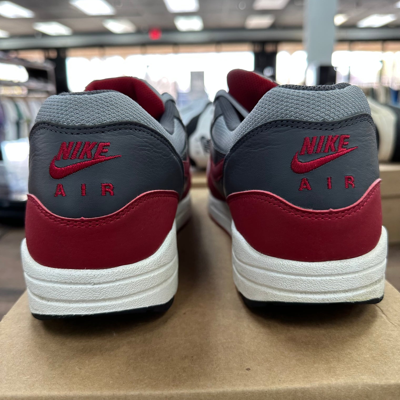 Wolf Grey/Gym Red Dark Grey Nike Air Max 1 Essential (USED, No Box)