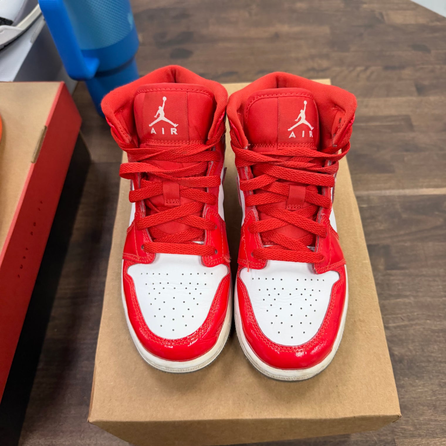 Barcelona Sweater Red Patent Jordan 1 Mid (GS) (USED, No Box)