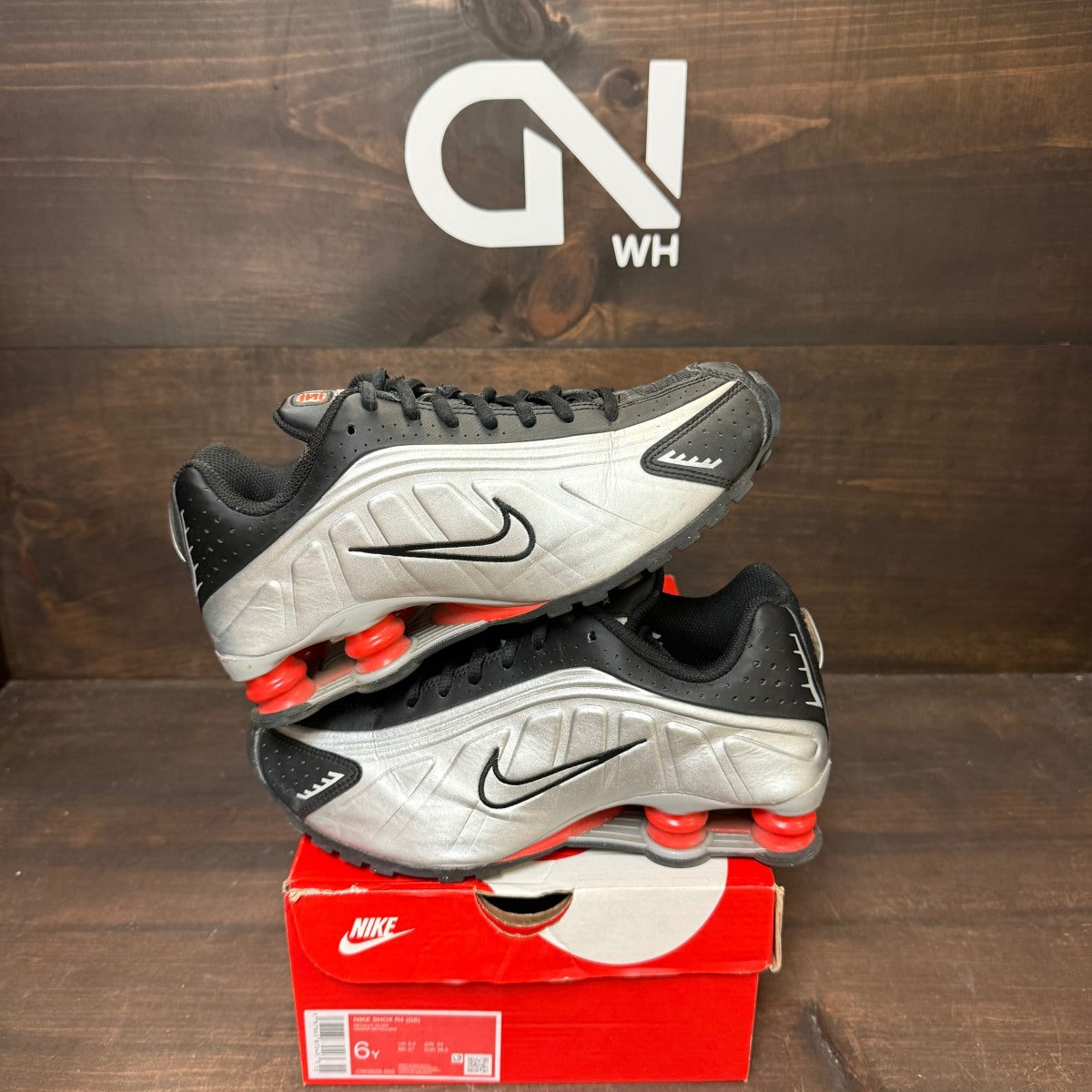 Nike Shox R4 Metallic Silver Black Picante Red (GS) - Image 1