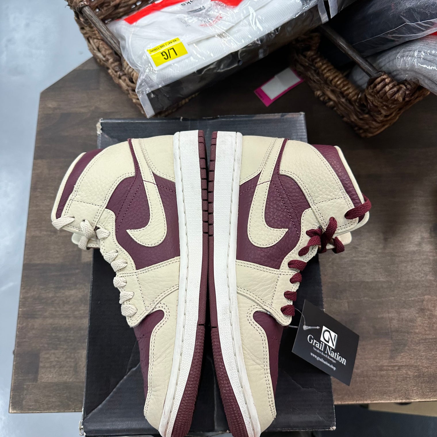 Split Beach Cherrywood Red Jordan 1 Mid (W) (USED, Replacement Box)