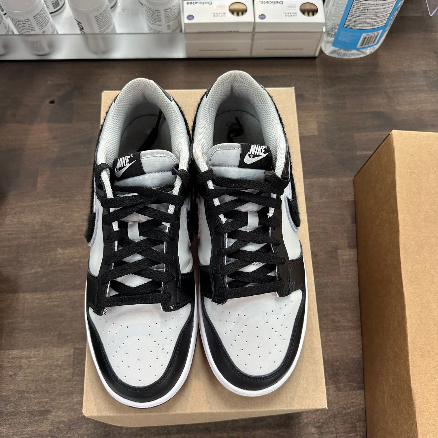 Chenille Swoosh Black Grey Dunk Low (USED,No Box)