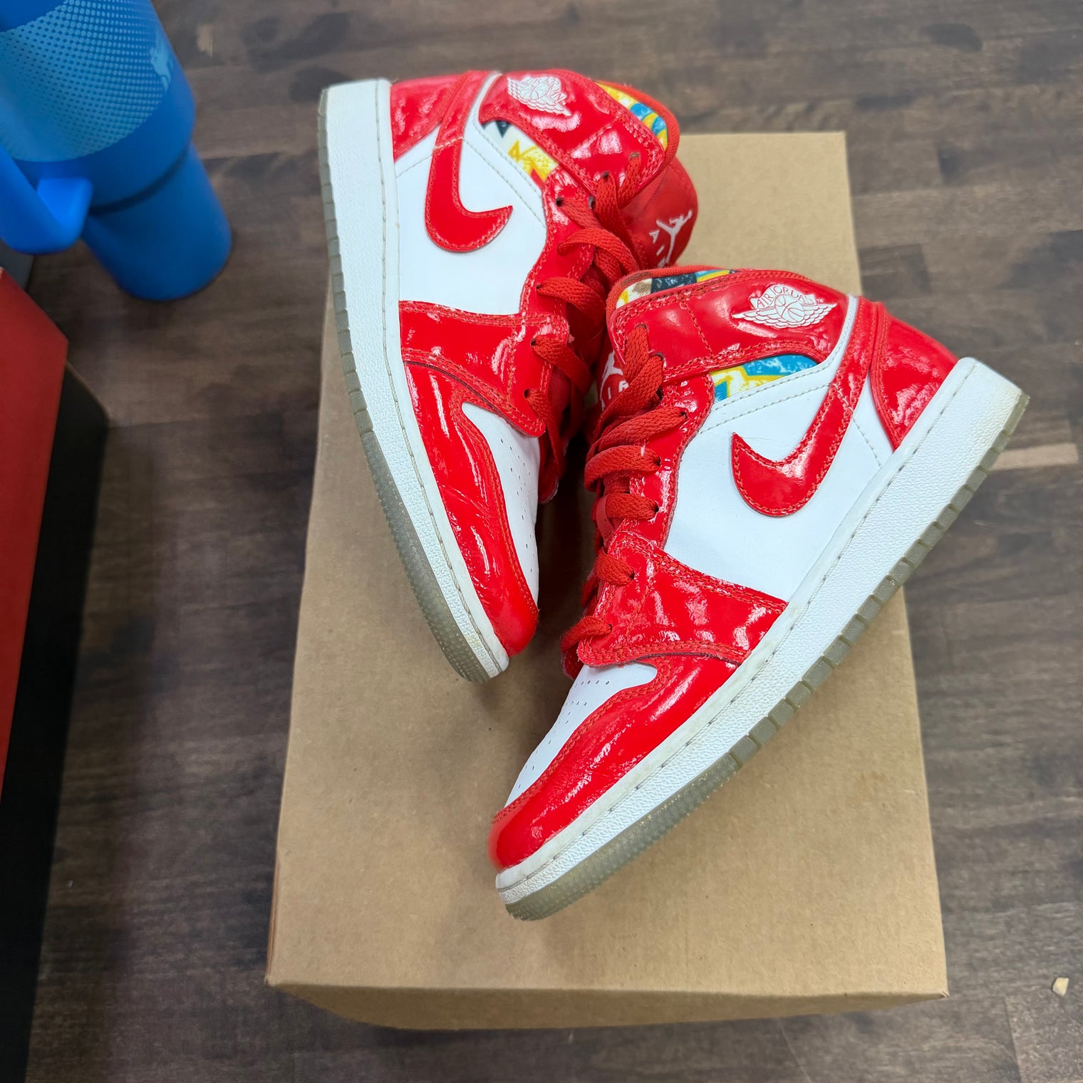Barcelona Sweater Red Patent Jordan 1 Mid (GS) (USED, No Box)
