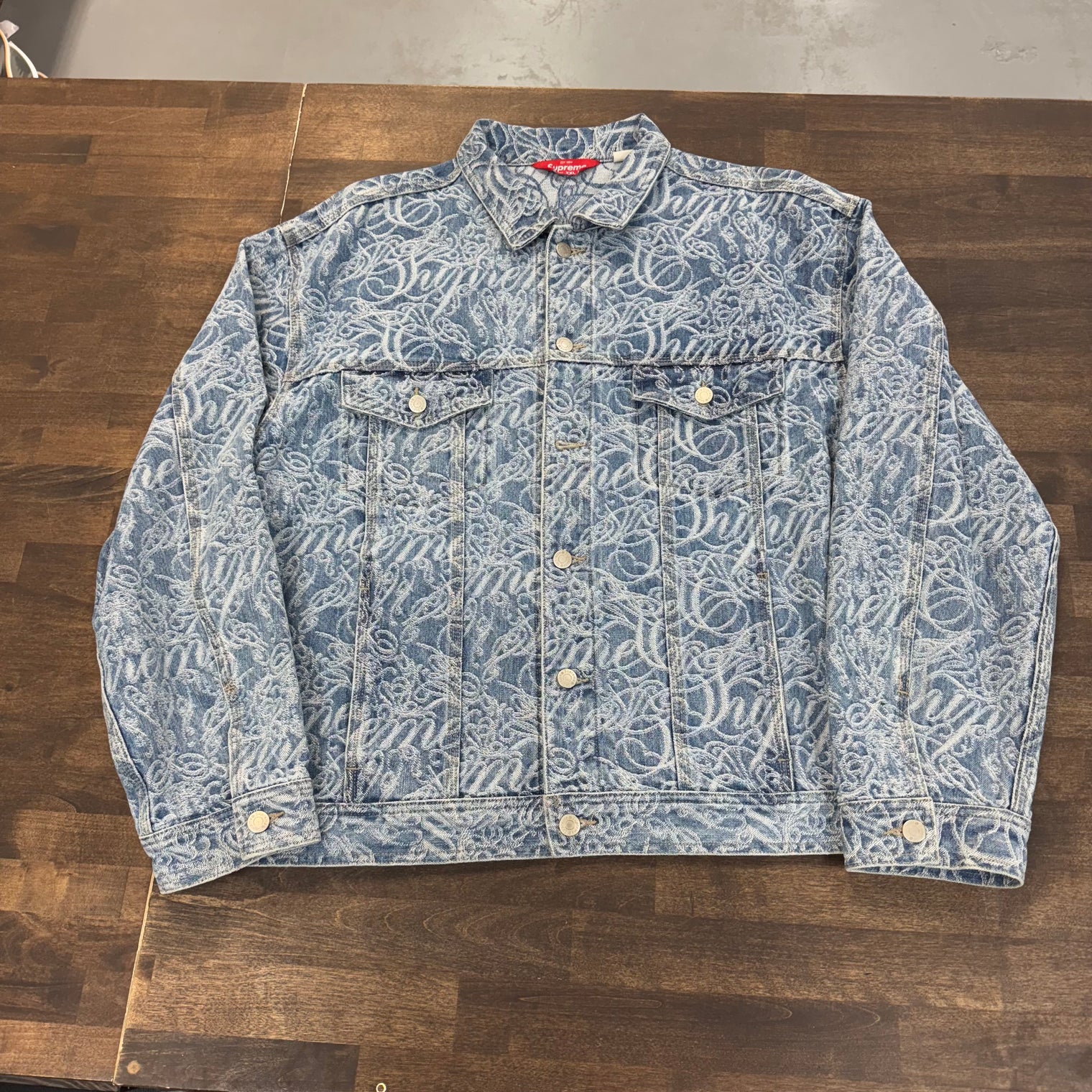 Supreme Script Jacquard Denim Trucker Jacket (USED)