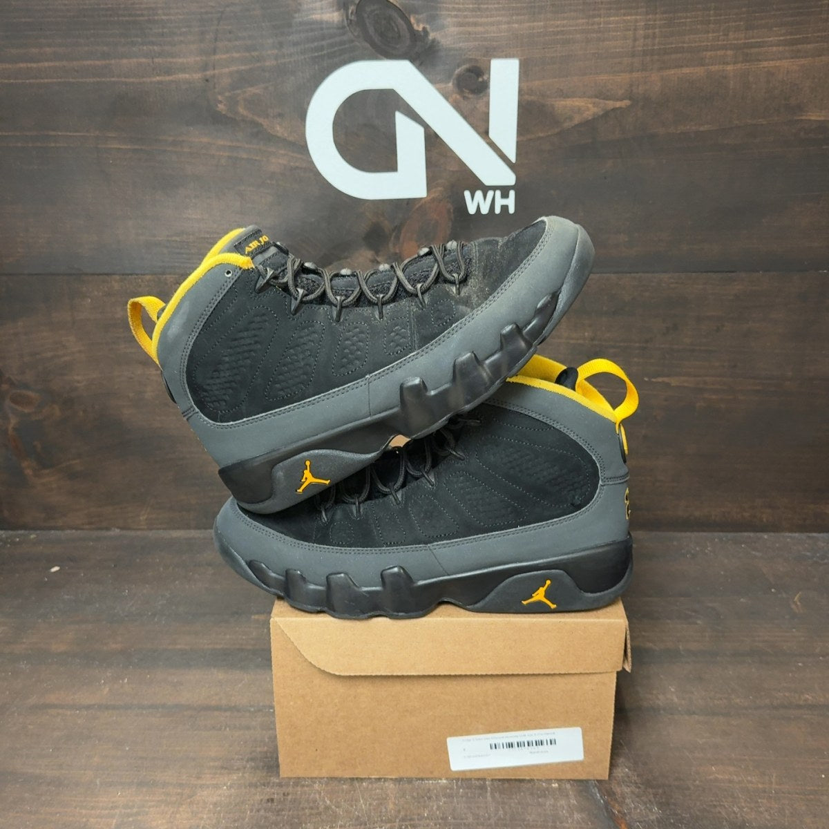 Jordan 9 Retro Dark Charcoal University Gold Size 8 (Pre-Owned) - Image 1