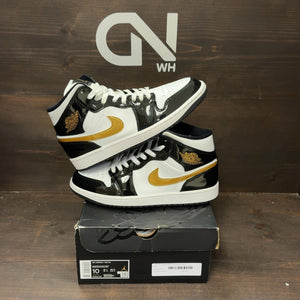Jordan 1 Mid Patent Black White Gold - Image 1