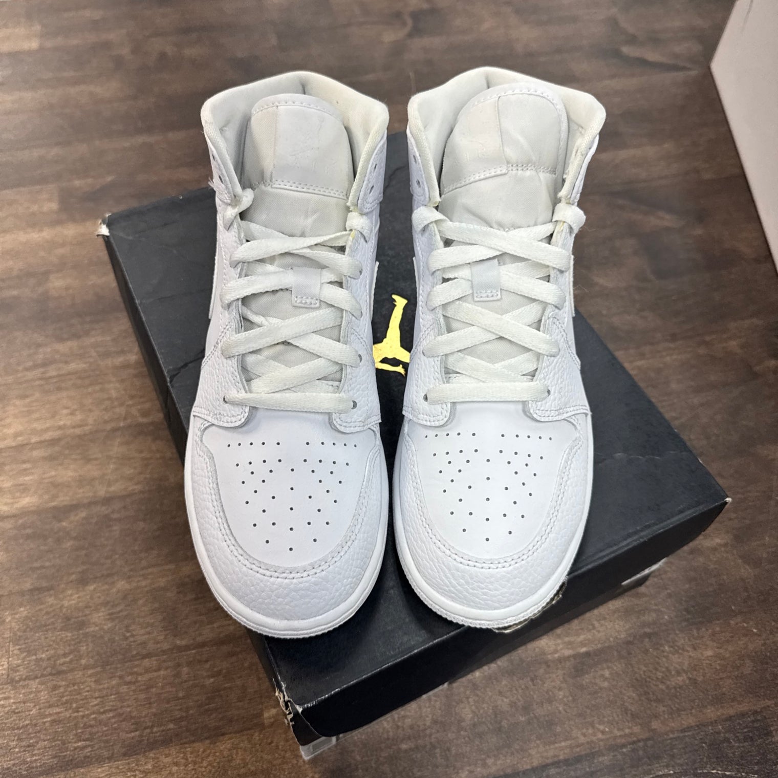 Triple White Tumbled Leather Jordan 1 Mid (GS) (USED)