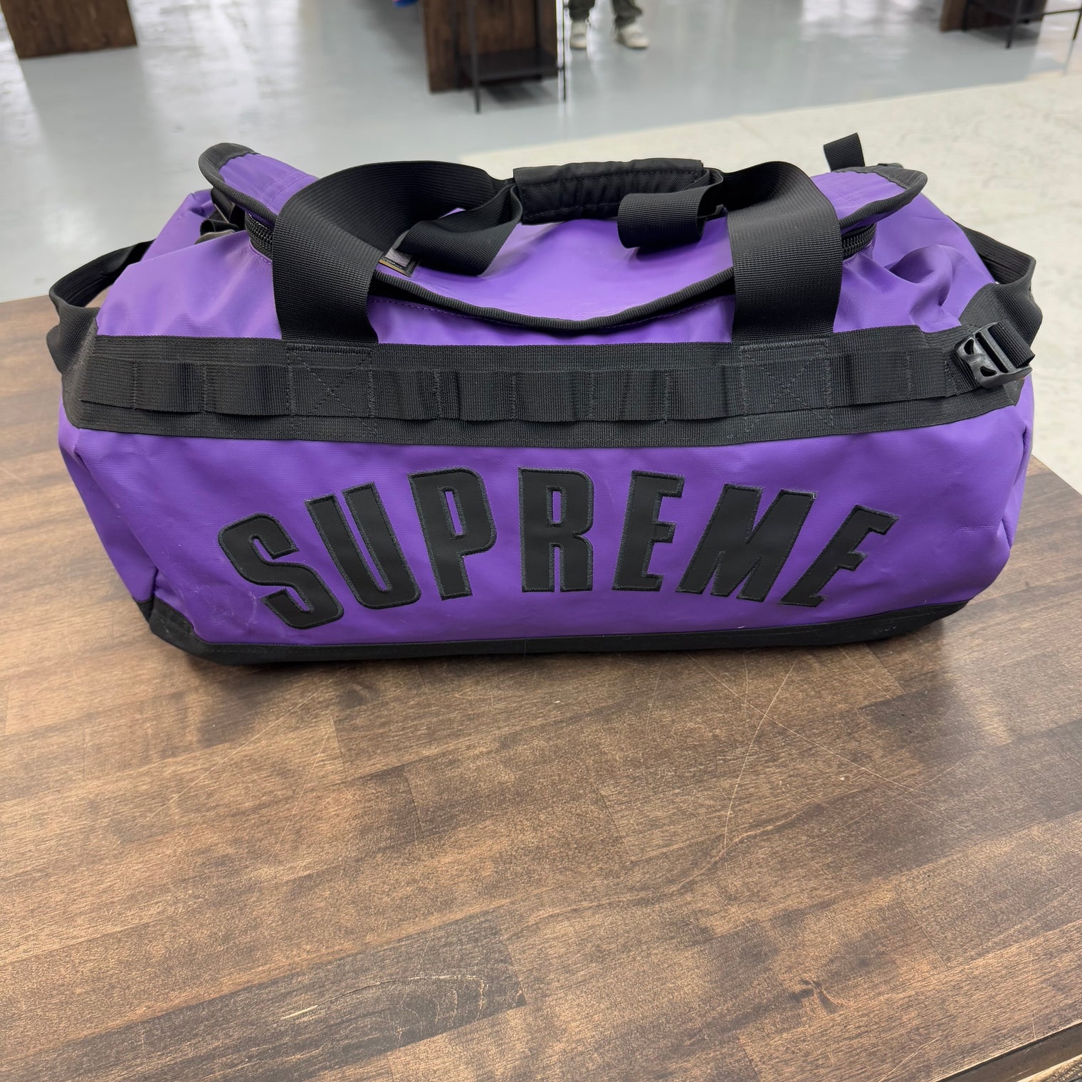 The Supreme Northface Arc Logo Purple Duffle Bag (USED)