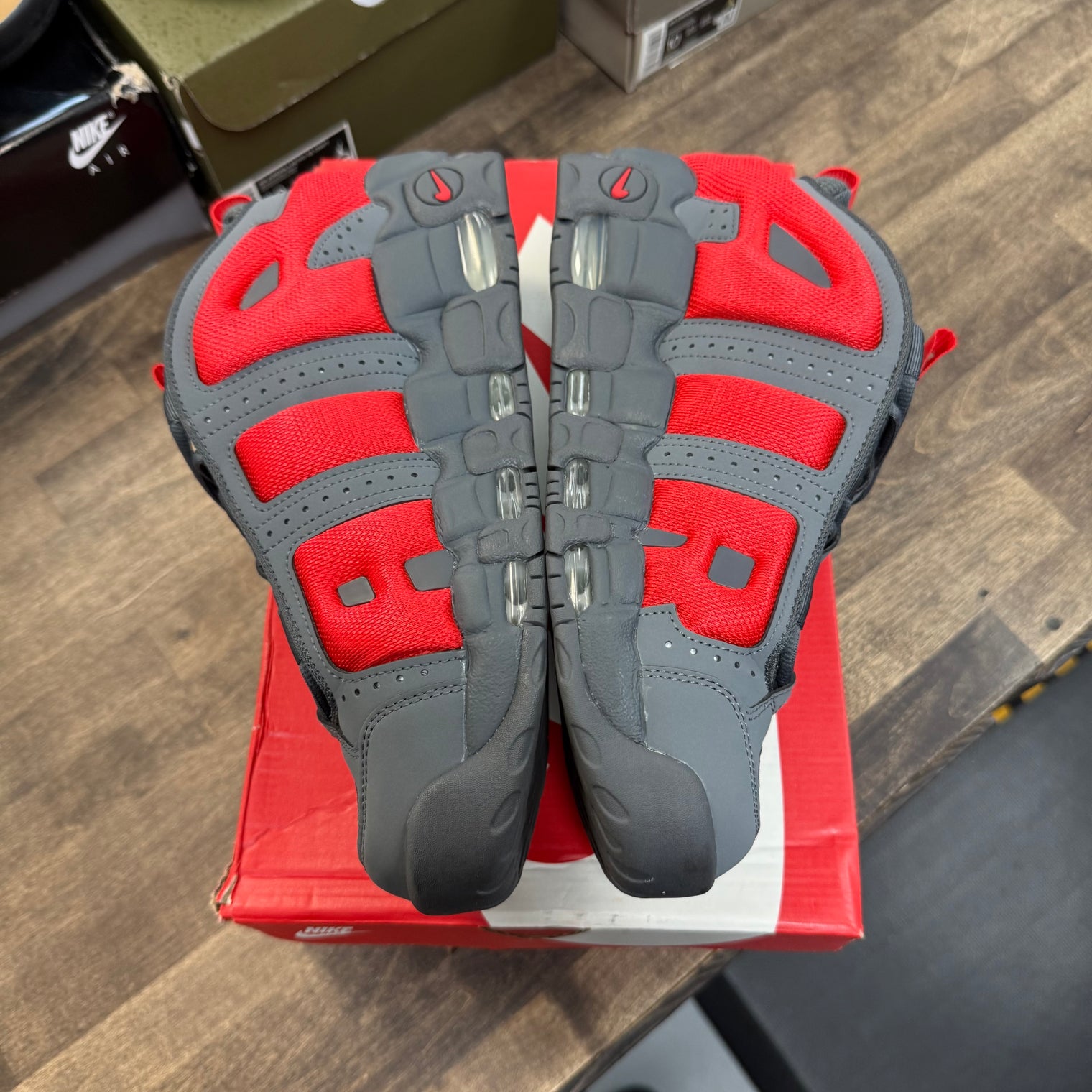 Dark Grey Light Crimson Nike Air More Uptempo Low (USED)
