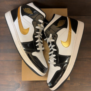 Jordan 1 Mid Patent Black White Gold Size 12 (Pre-Owned) - Image 2