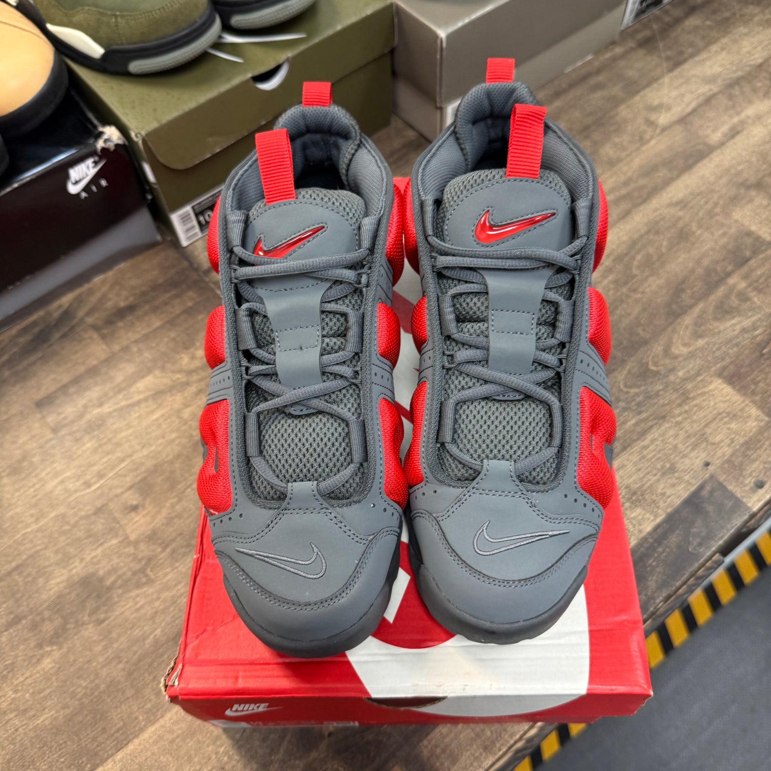 Dark Grey Light Crimson Nike Air More Uptempo Low (USED)