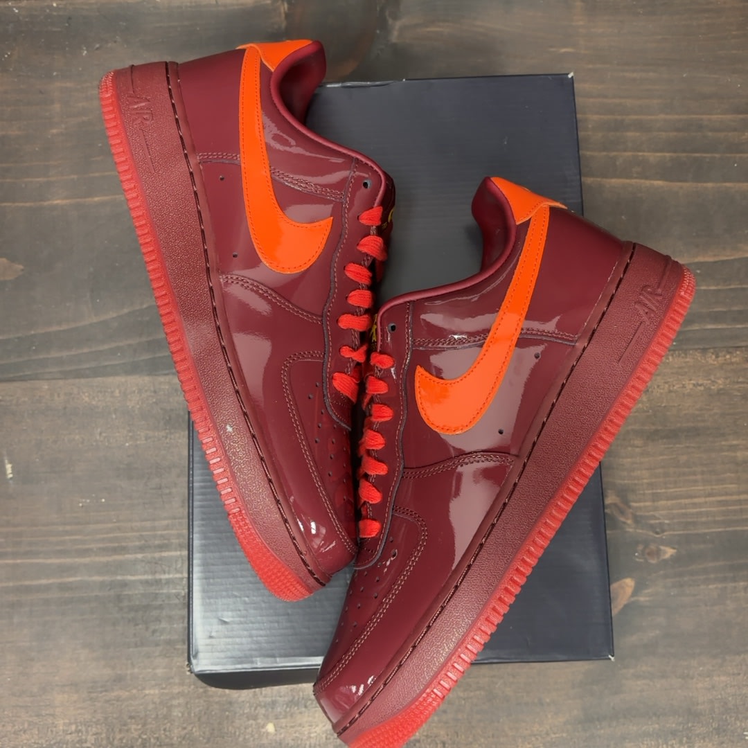 Nike Air Force 1 Low Patent Leather Dark Team Red Safety Orange Size 10 (Pre-Owned)