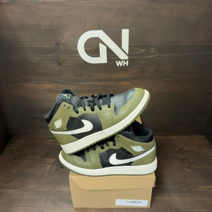 Jordan 1 Mid Black White Olive (GS) Size 7Y (Pre-Owned) - Image 1