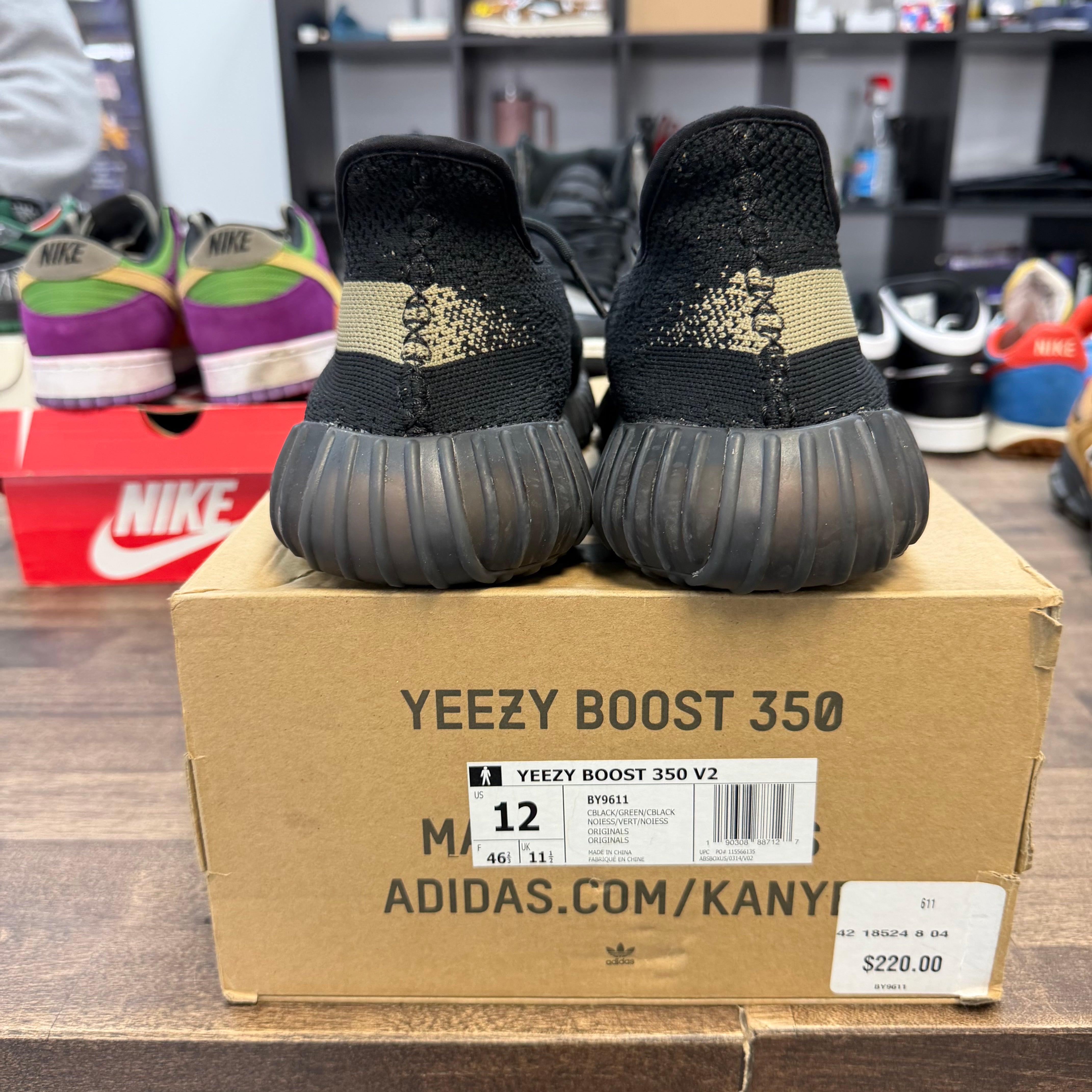 adidas Yeezy Boost 350 V2 Core Black Green (US 12) (USED) Size 12 (Pre-Owned) - Image 3