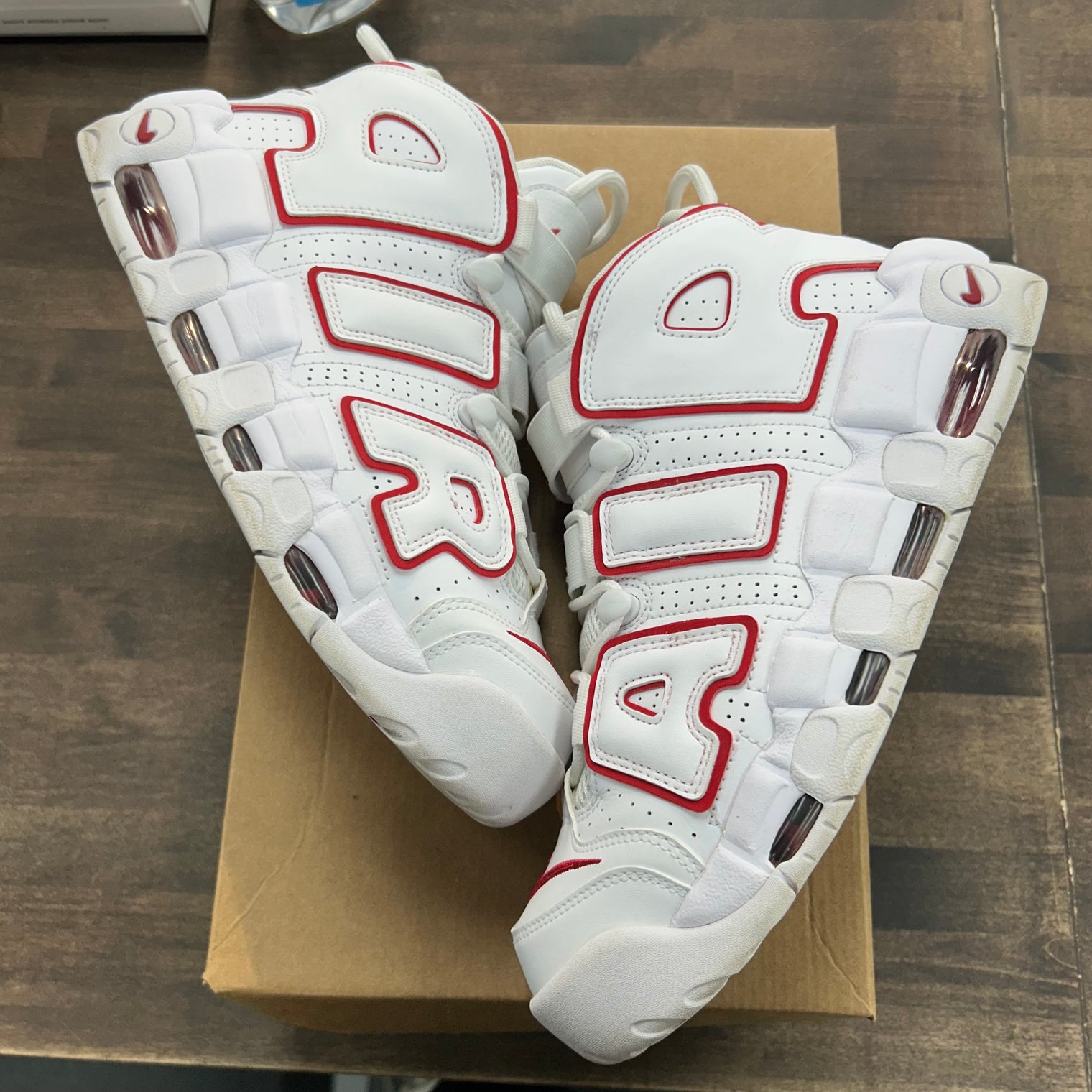 White Varsity Red Outline Air More Uptempo (USED, No Box)