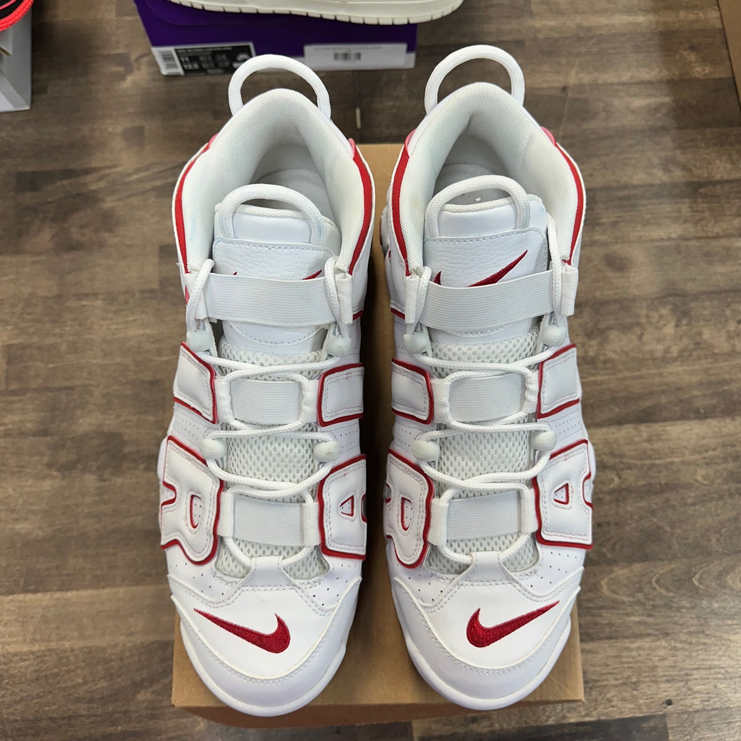 White Varsity Red Outline Nike Air More Uptempo (USED, No Box)