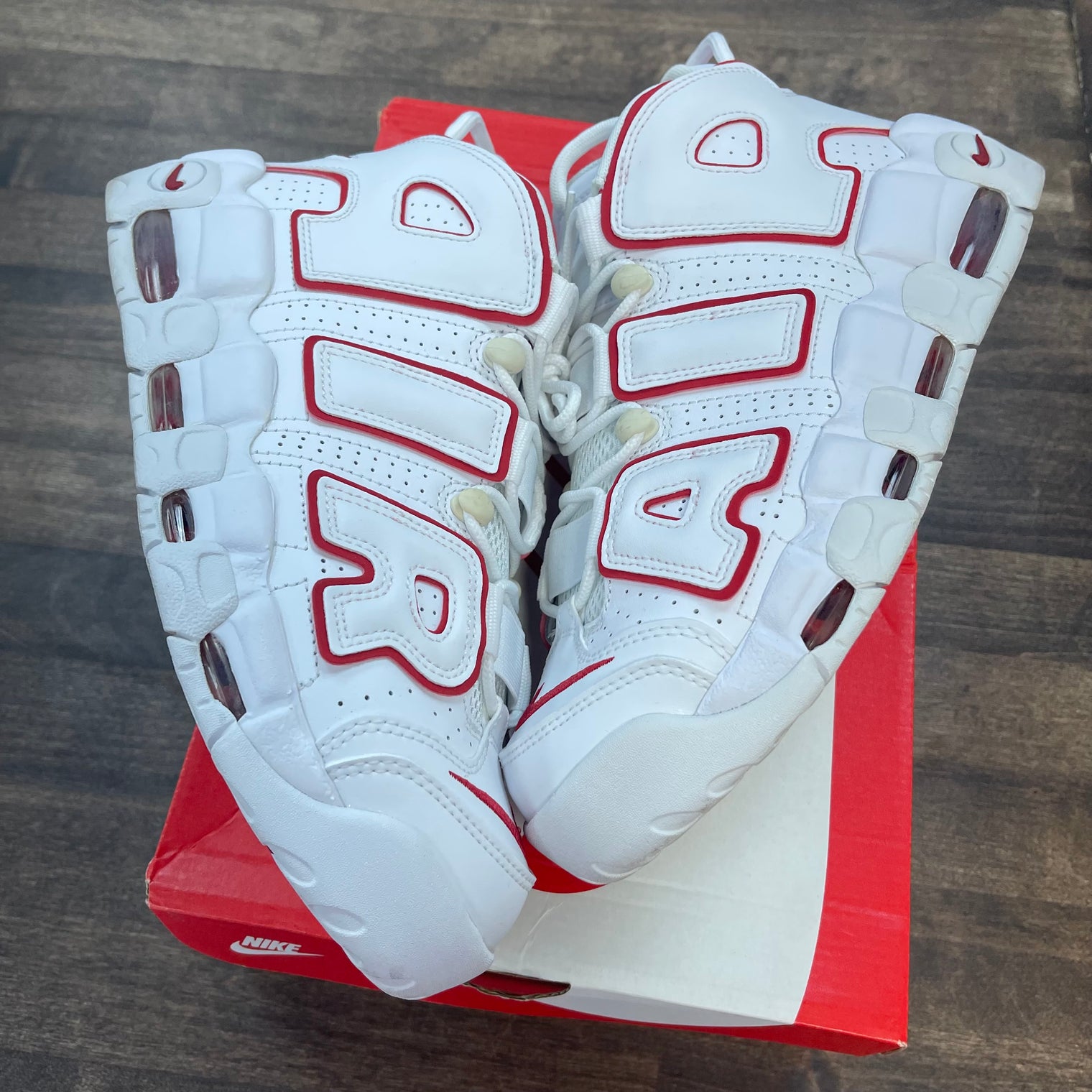 White Varsity Red Outline Air More Uptempo (USED)
