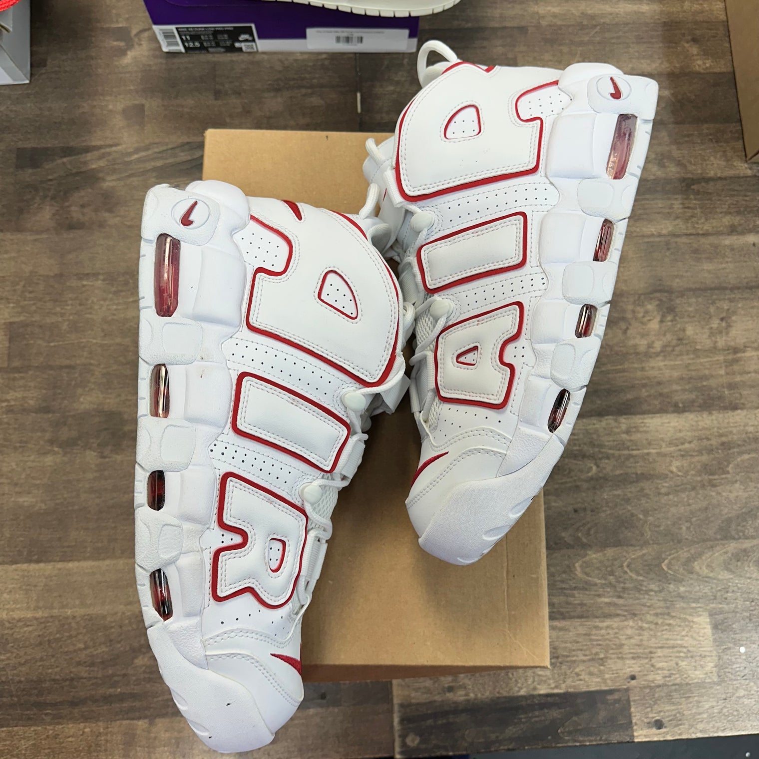 White Varsity Red Outline Nike Air More Uptempo (USED, No Box)