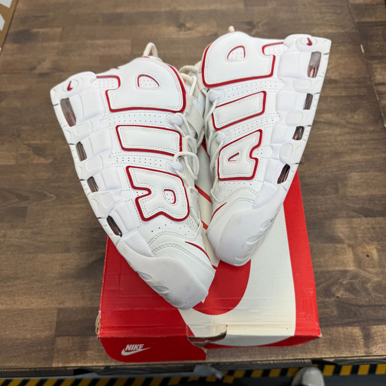 White Varsity Red Outline Air More Uptempo (USED)