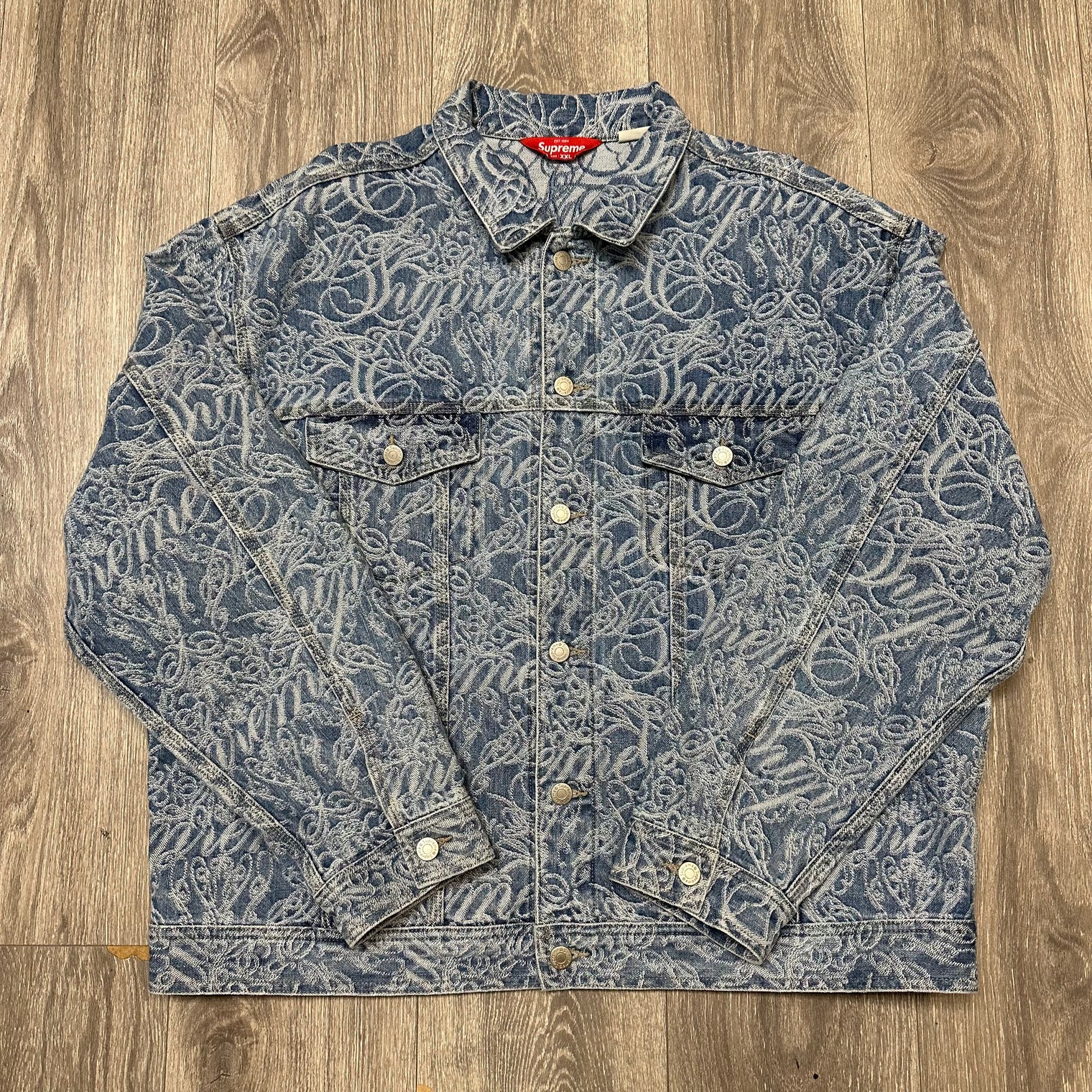 Supreme Script Jacquard Denim Trucker Jacket (USED)