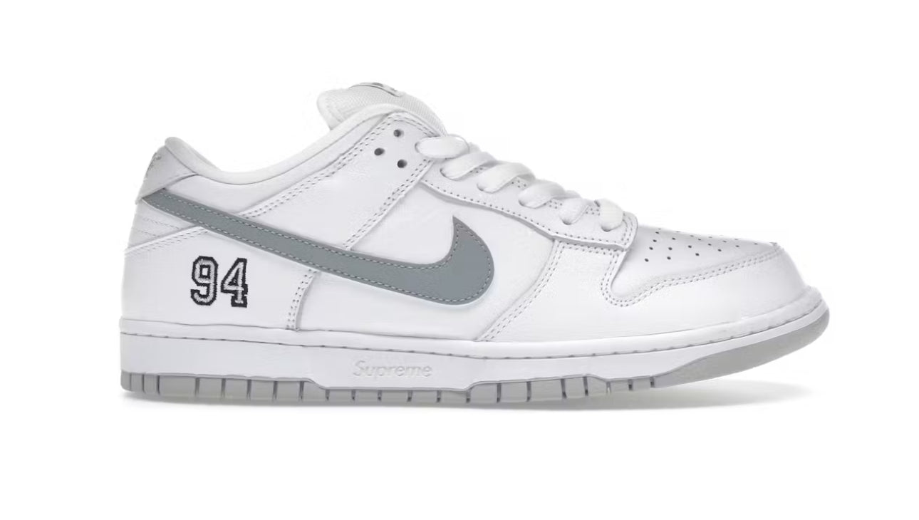 Supreme 94 White Metallic Silver SB Dunk Low