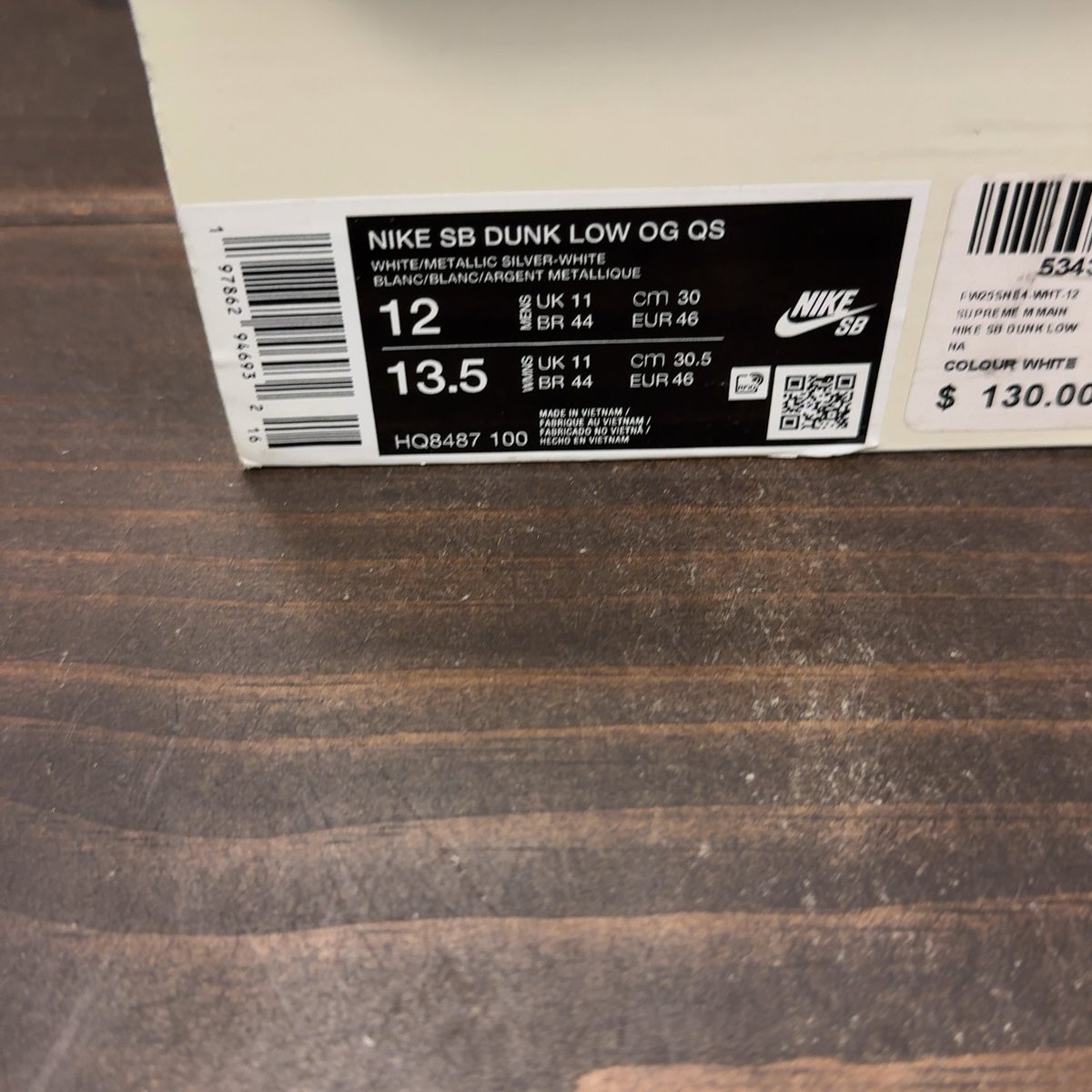 Nike SB Dunk Low Supreme 94 White Metallic Silver Size 12 (Pre-Owned) - aux