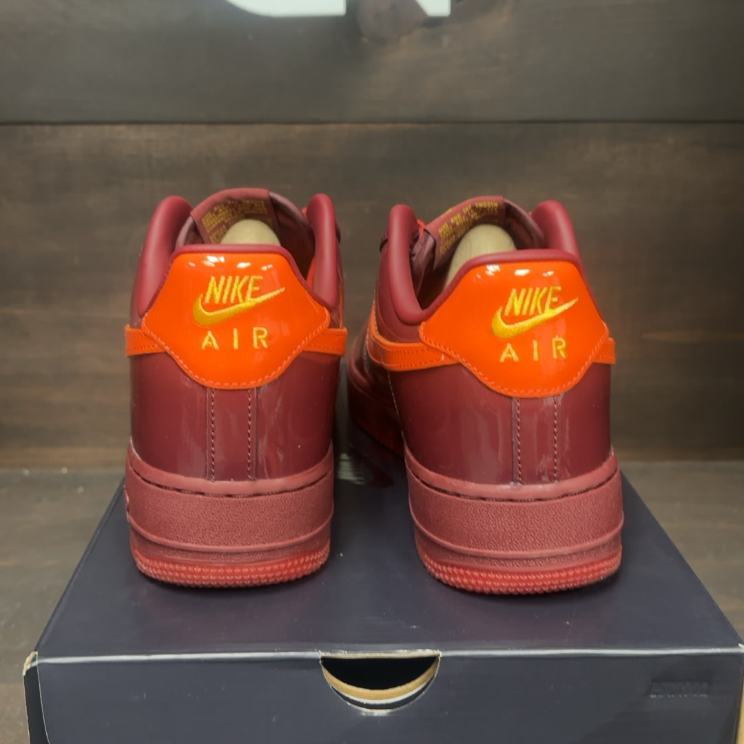Nike Air Force 1 Low Patent Leather Dark Team Red Safety Orange Size 10 (Pre-Owned)