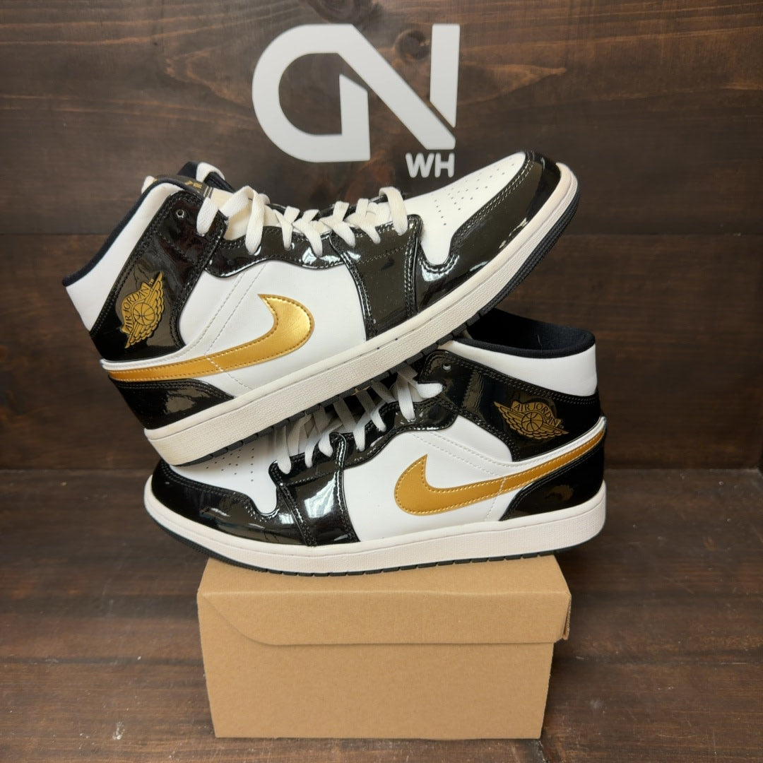 Jordan 1 Mid Patent Black White Gold Size 12 (Pre-Owned) - Image 1