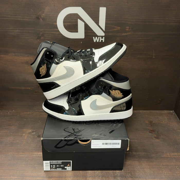 Jordan 1 Mid SE Patent Black White Metallic Silver Metallic Gold Size 12 (Pre-Owned)