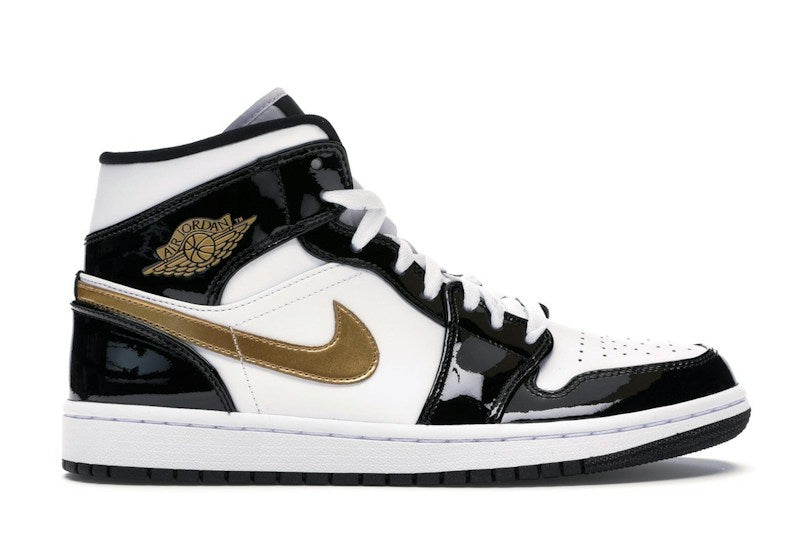 Jordan 1 Mid Patent Black White Gold
